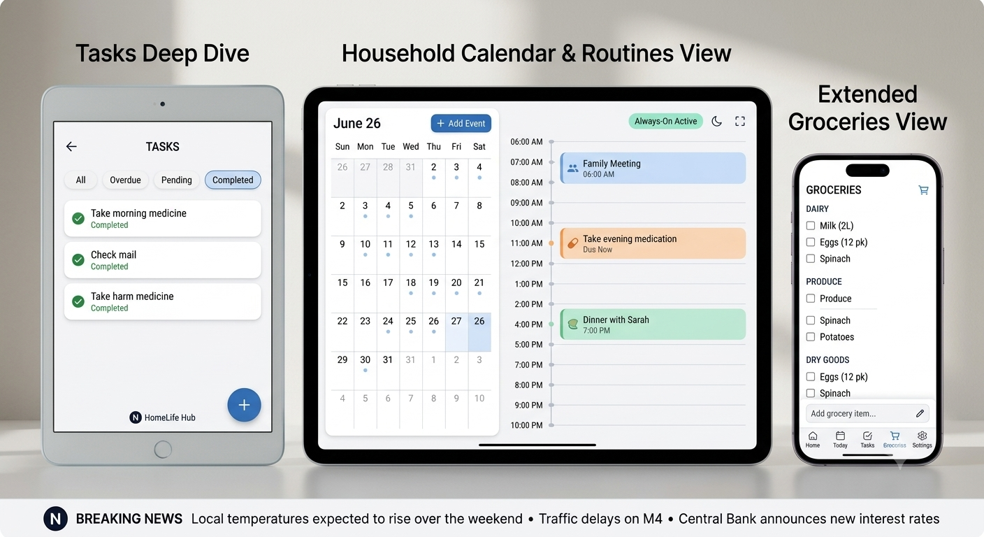 HomeLife Hub tasks, calendar and groceries view across devices